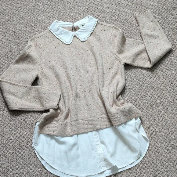 Neutral Marled Sweater Peter Pan Collar and Layered Shirt Hemline - Picture 8 of 12